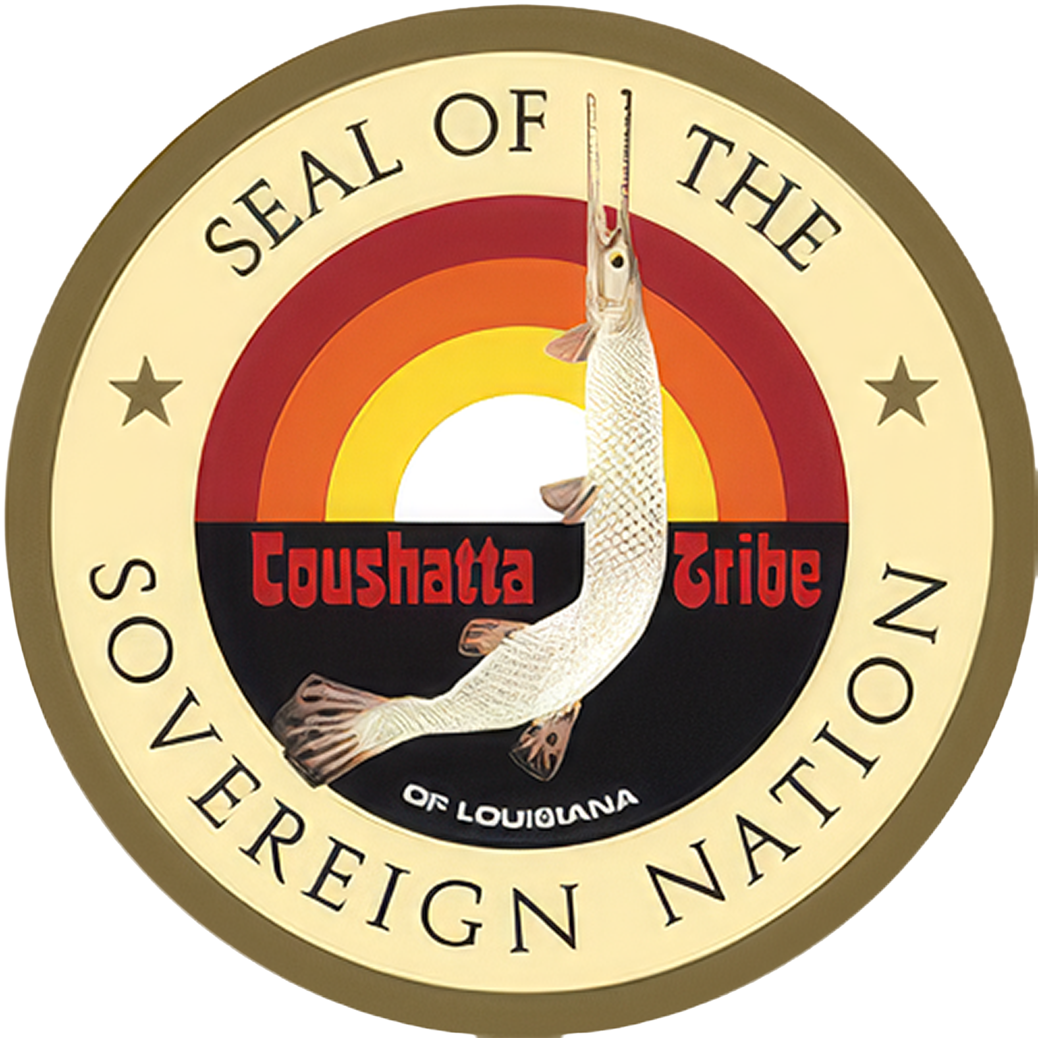 Close-up of a circular Orleans Parish Sheriff badge with a white heron or egret in the center, red, orange, yellow, and black ring design, and the words 'Office of Louisiana Sheriff' around the edge.