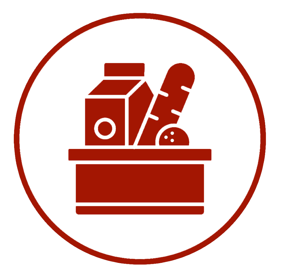 Red circle with white background, icons of a milk carton, rolling pin, and potato on a shelf.