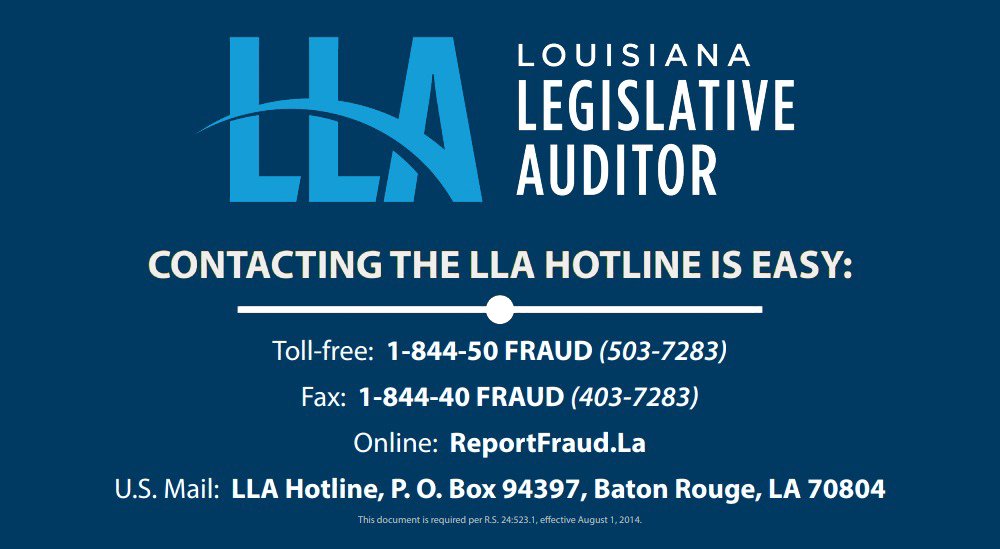 Information about Louisiana Legislative Auditor, including hotline contact details for reporting fraud via toll-free number, fax, online website, and mailing address.