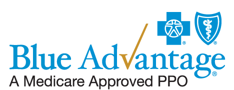 Blue Advantage logo with three icons: a medical cross, a caduceus symbol, and a shield, representing healthcare and Medicare.