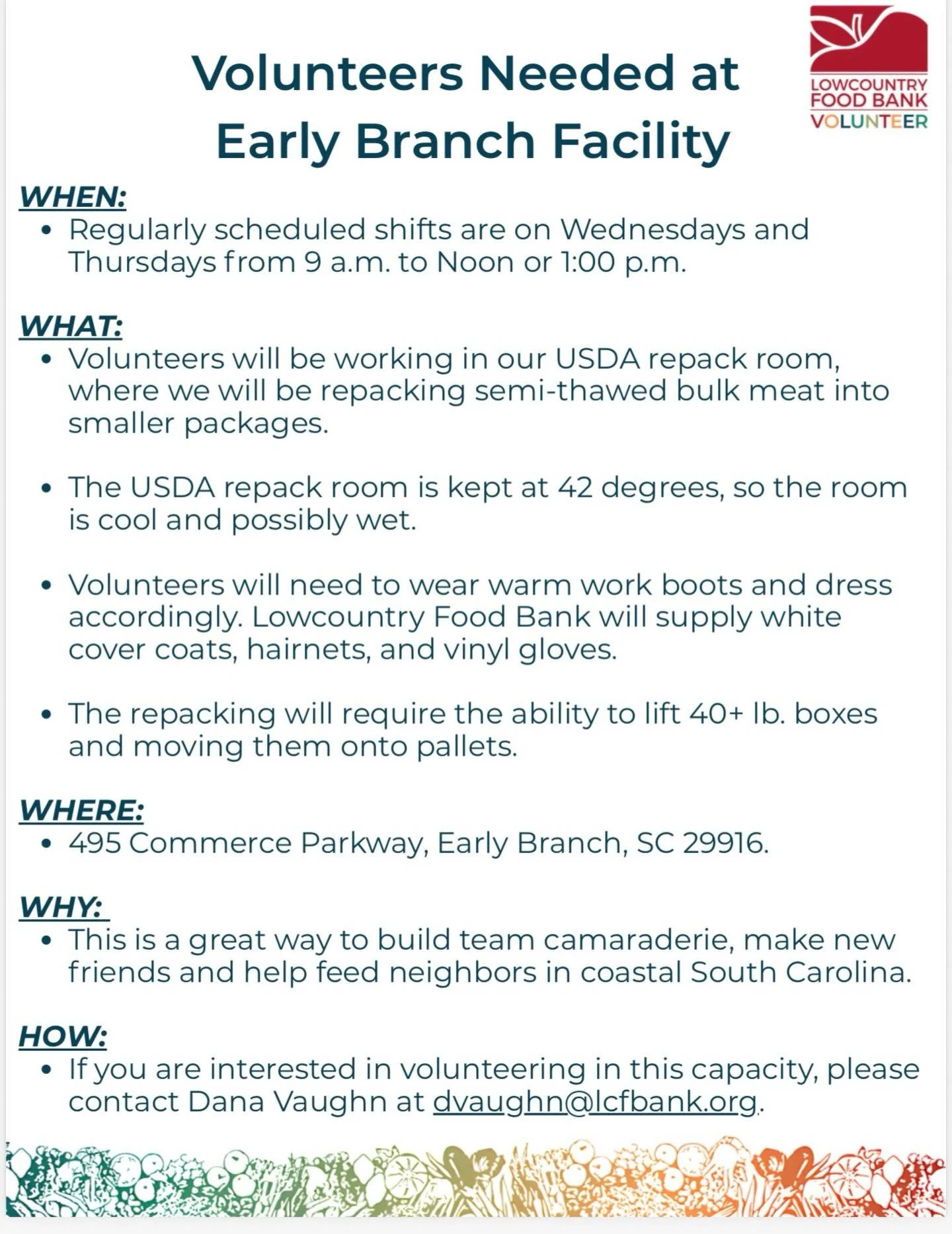 As a former board member, I know the vital impact of the Lowcountry Food Bank&mdash;and we need volunteers!

Join us Wednesdays &amp; Thursdays (9 AM&ndash;12 or 1 PM) in Early Branch to help feed our coastal SC neighbors. It&rsquo;s hands-on, meanin
