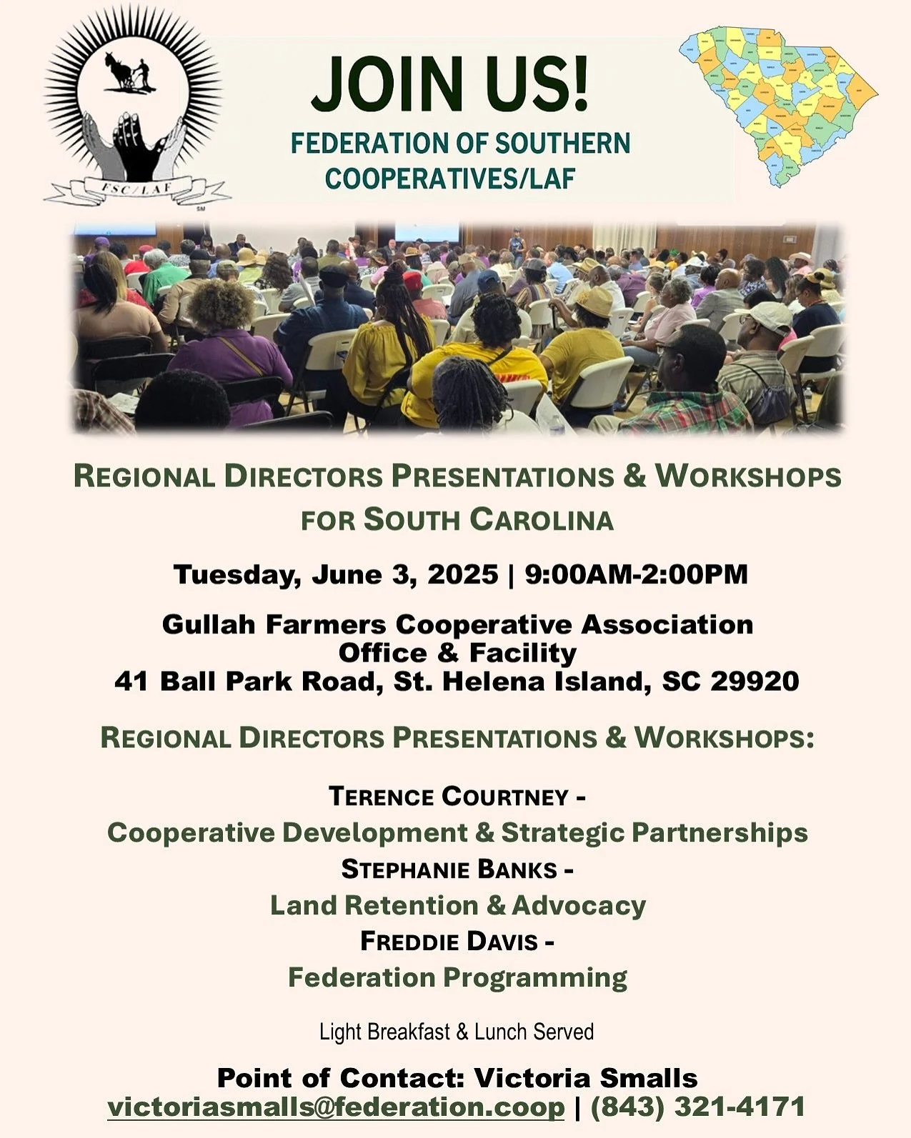 SOUTH CAROLINA LANDOWNERS, FARMERS &amp; COOPERATIVES -
Join us for the Federation of Southern Cooperatives/LAF
Regional Directors Presentations &amp; Workshops!

You&rsquo;ll hear directly from the directors:
✅ Stephanie Banks &ndash; Land Retention