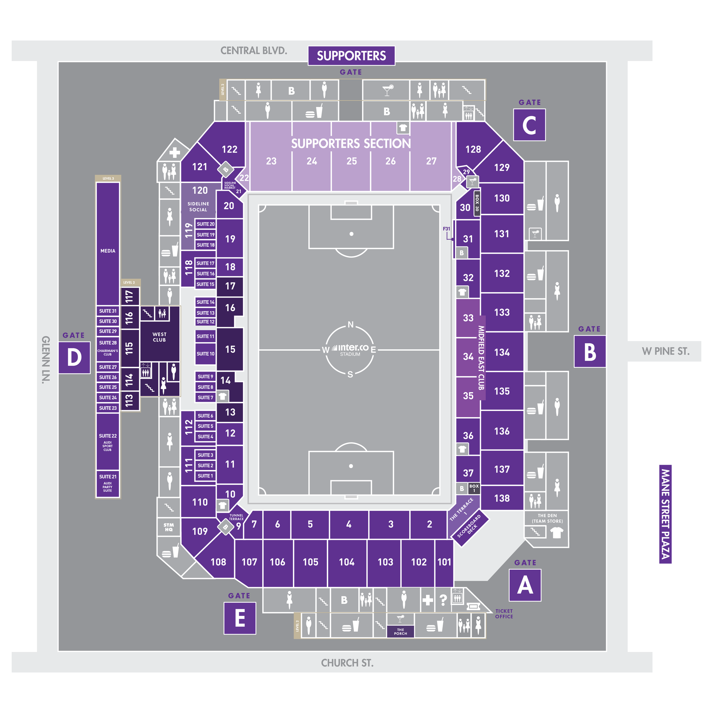 A detailed layout map of a stadium showing various sections, gates, amenities, and nearby streets.