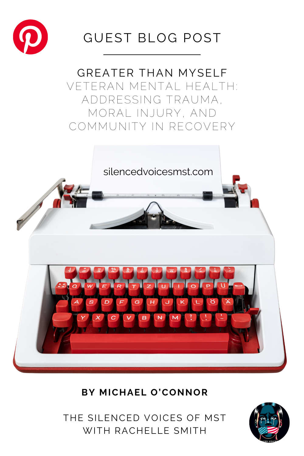 Pinterest pin image featuring awhite typewriter with red keys, on a white background, with Pinterest and company logos. Keywords: Veteran Addiction Recovery, Moral Injury, Community Support, Veteran Outreach.