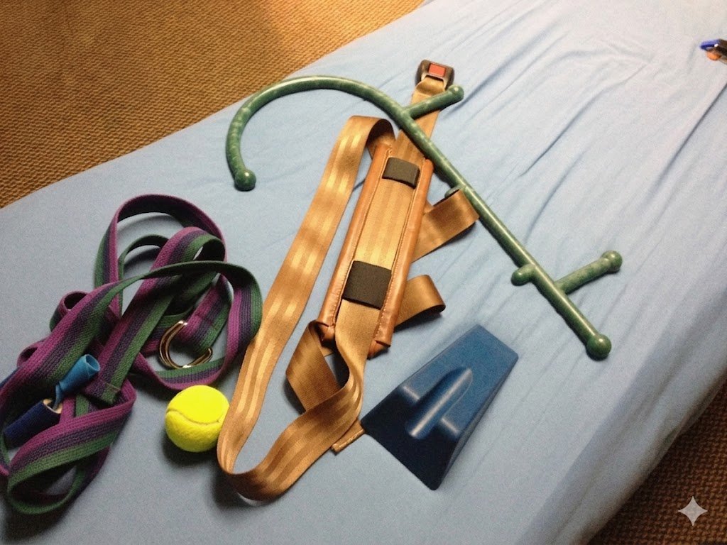 Medical walking aid, resistance bands, tennis ball, and foot massager on a bed.