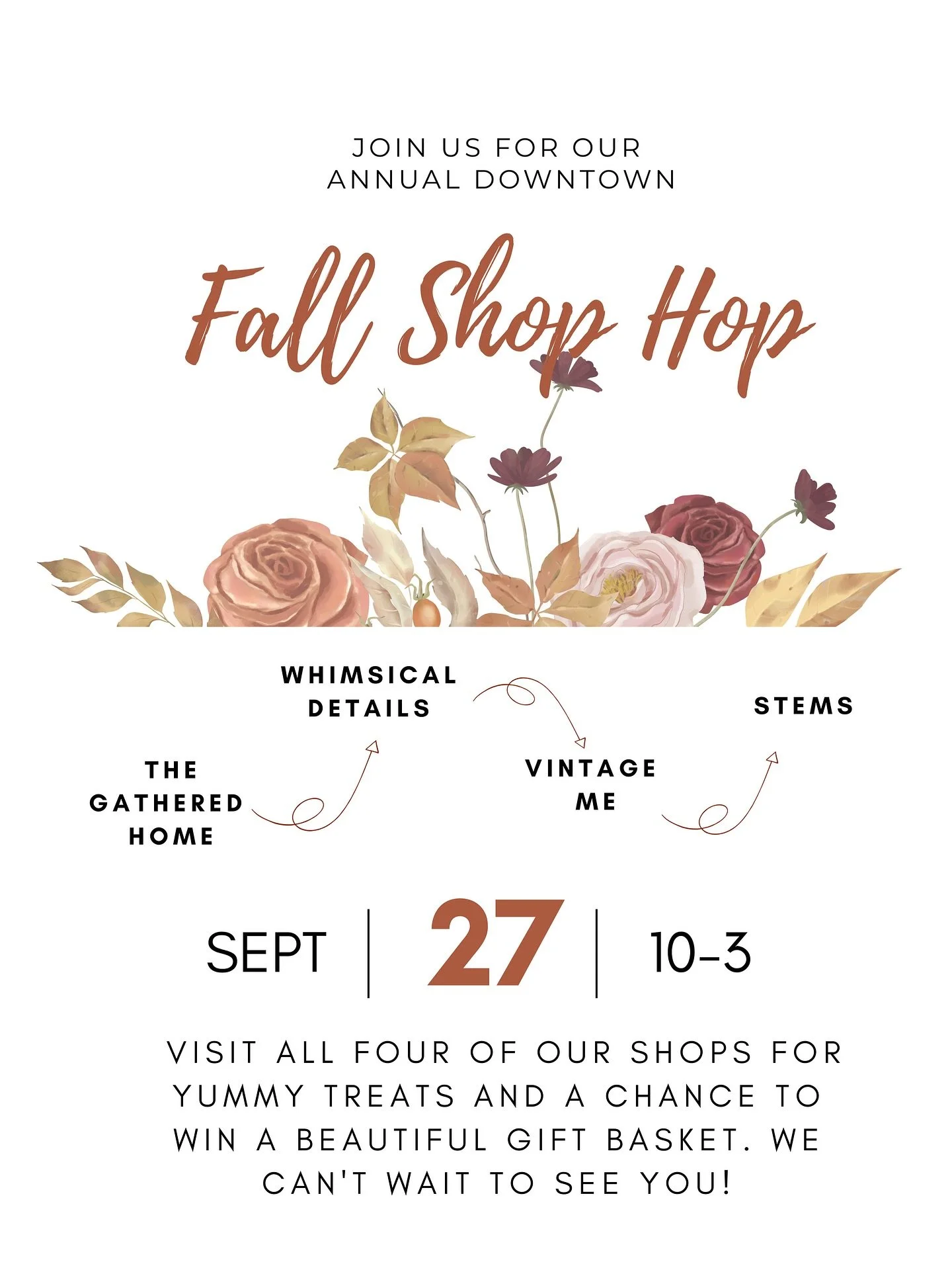 Join us downtown for one of our favorite shop small events of the season! Tag a friend and come shop hop! 🍂 
@whimsicaldetails 
@shop_vintage_me 
@stemsyakima