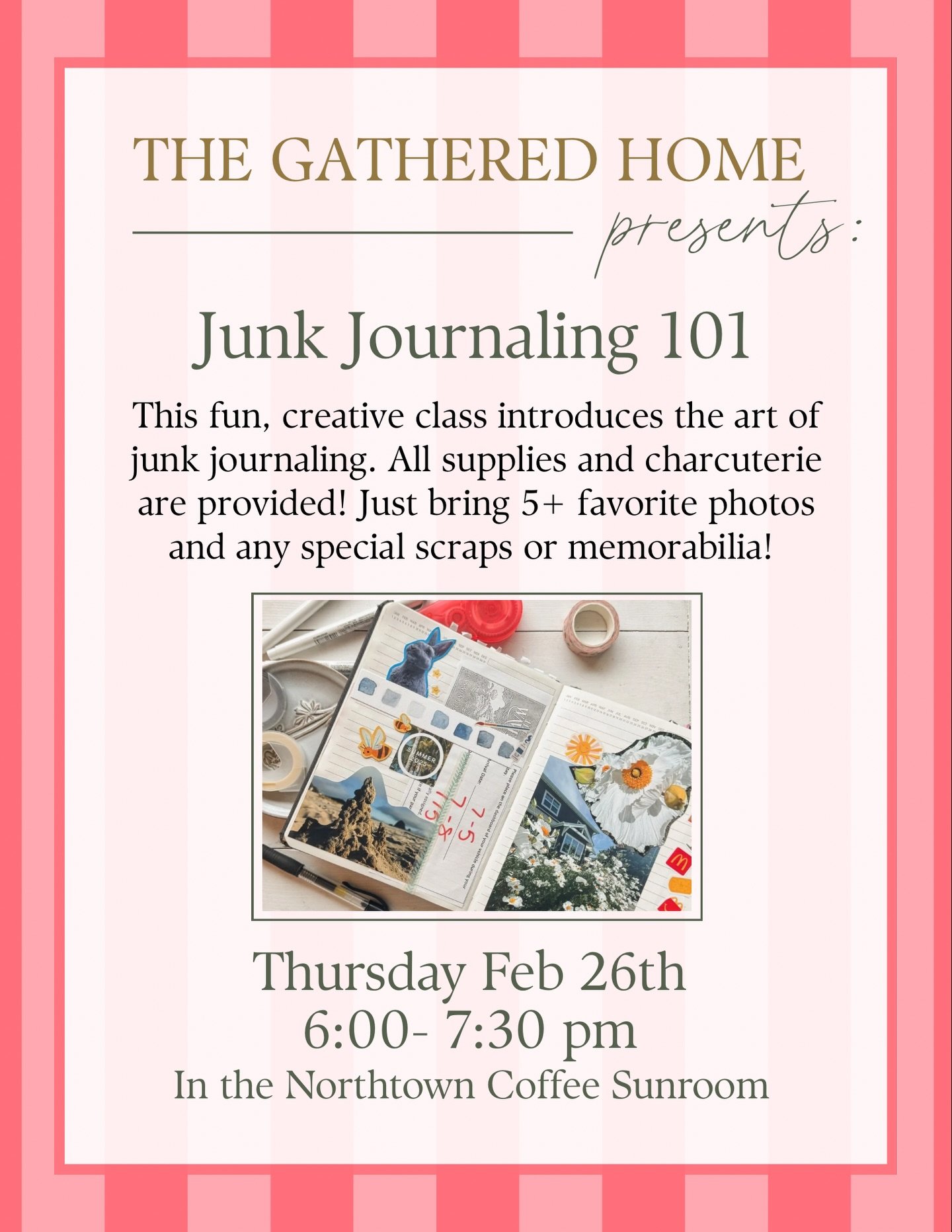 ✨ Junk Journaling 101 ✨
Cut it up. Glue it down. Tell your story.
Join us for a fun, creative class where you&rsquo;ll learn the basics of junk journaling! All basic supplies are provided. Just bring 5+ of your favorite photos and any memorabilia or 