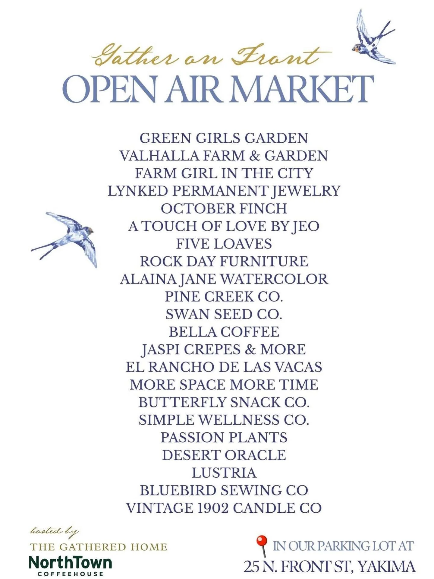 This Saturday, May 2nd! The Gathered Home and North Town Coffee are teaming up to bring you one amazing open air market! We have an incredible line up for you all- grab a friend and join us!📍 25N. Front St. Yakima 9 AM- 2 PM