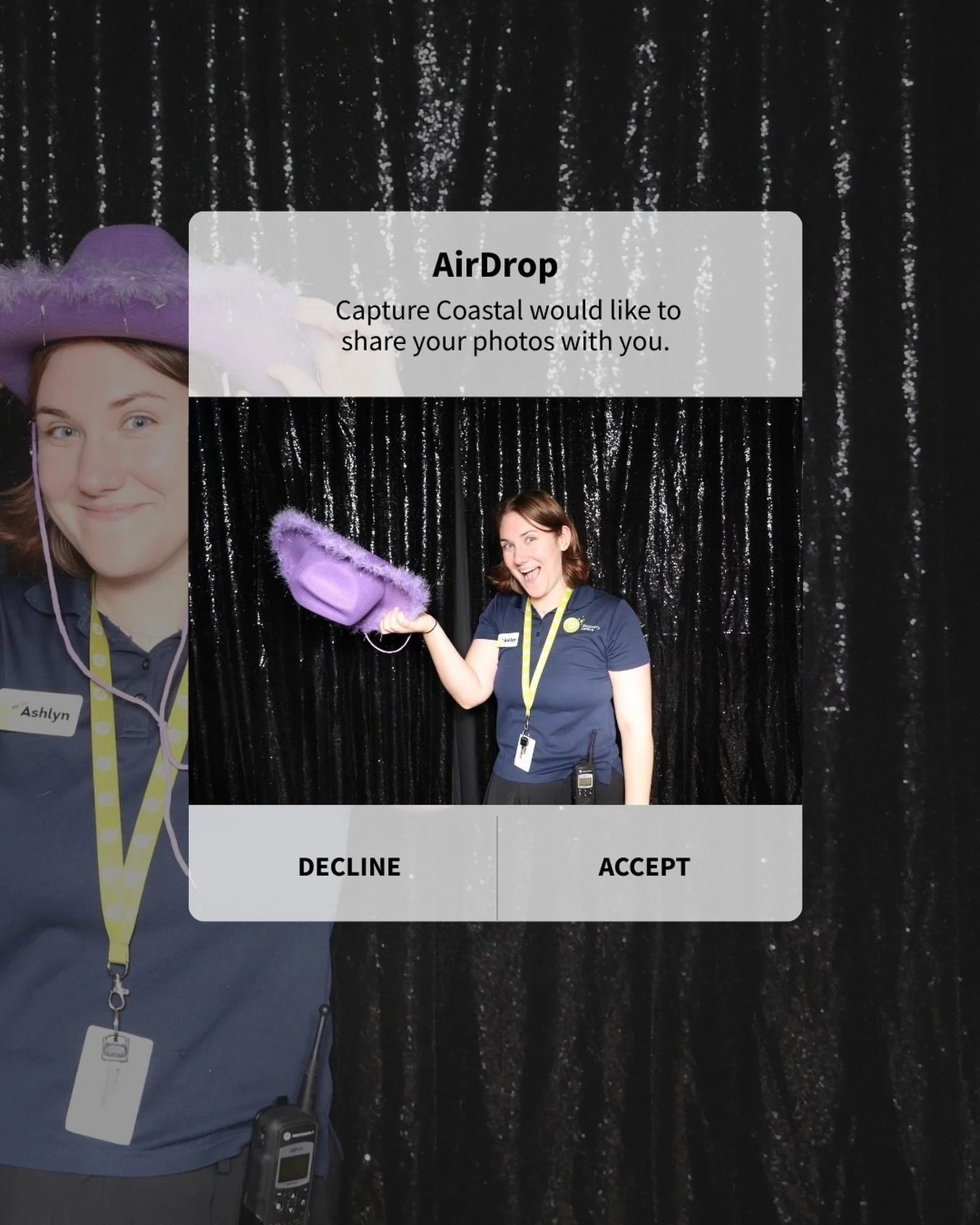 One pose. Two takeaways:

One tap and your photo is on your phone. Sent straight to your phone by AirDrop or text, plus a printed copy in hand before you leave the booth.

A Discovery Centre staff member stopped by our booth and left with this photo 