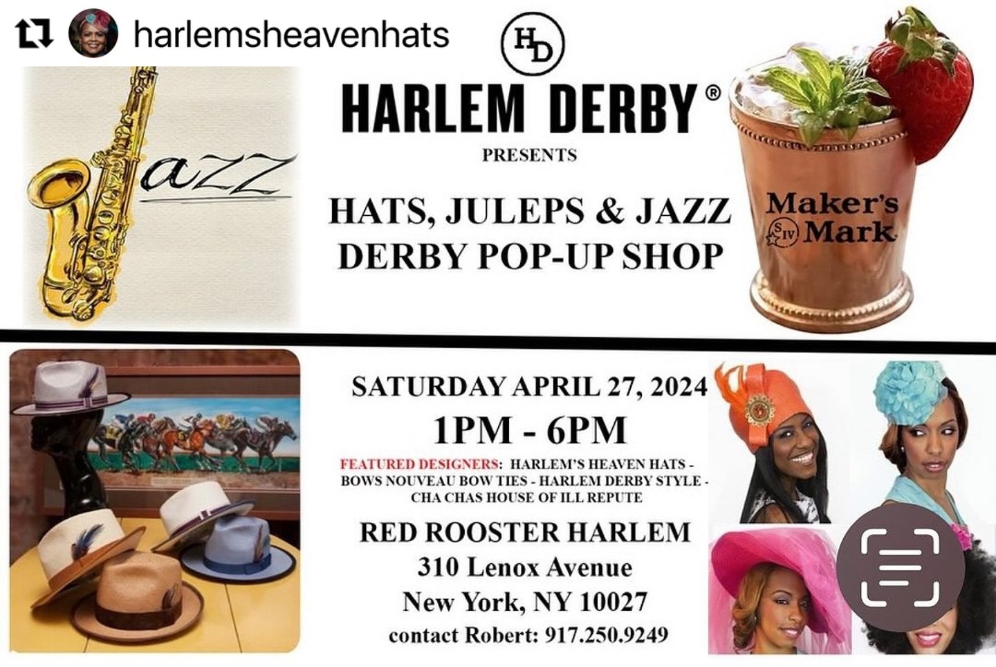 #Repost @harlemsheavenhats 
・・・
Come out to RED ROOSTER in Harlem tomorrow for our PRE-DERBY POP UP SHOP.  SHOP AND SIP MINT JULEPS with Live Jazz Music.  THIS IS A FREE EVENT !! &ldquo;In The GOLD ROOM&rdquo;  #harlemsheavenhats @milliners_guild @ha