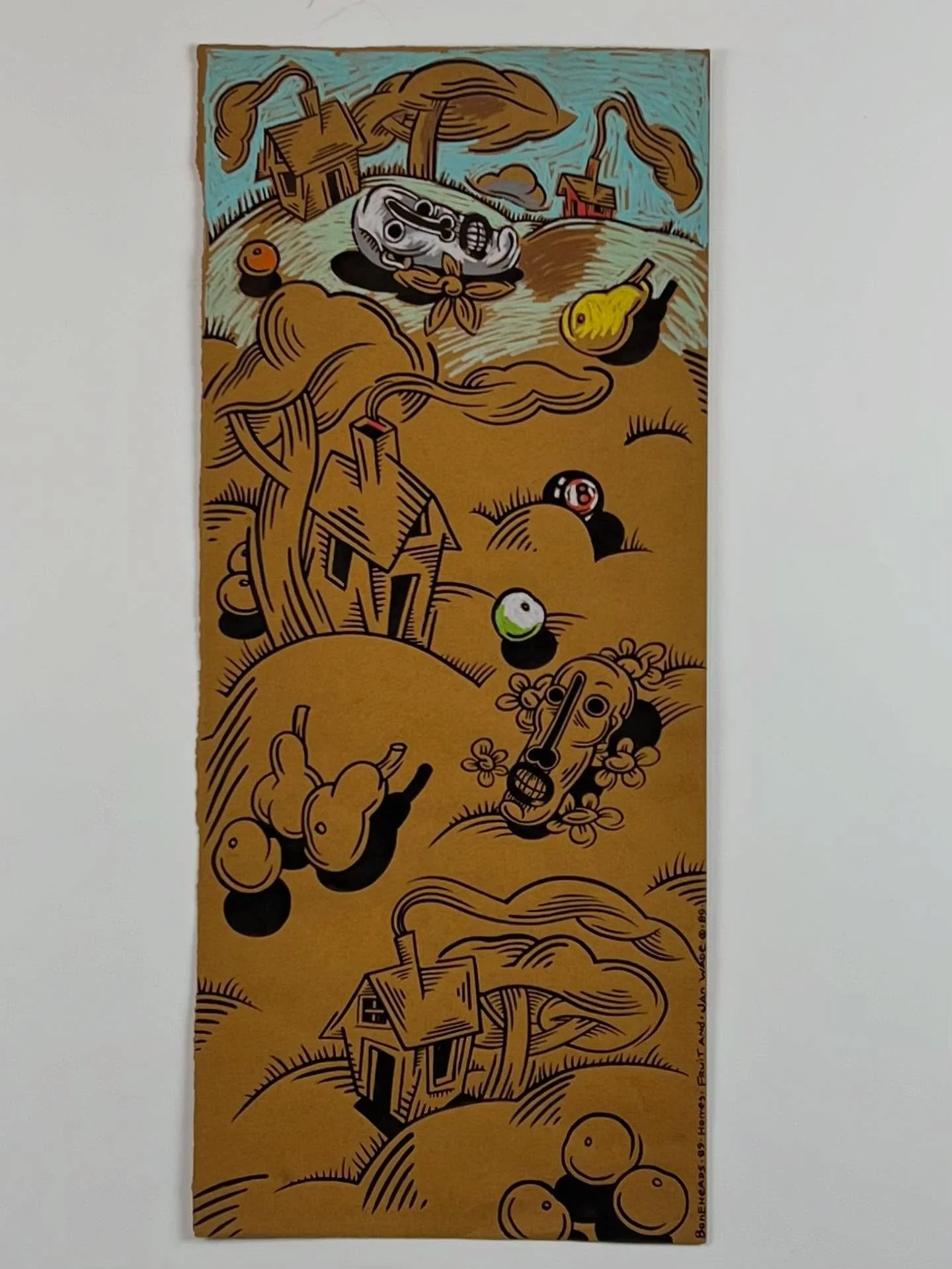 &ldquo;Boneheads&bull;89&bull;Homes&bull;Fruit&bull;Jan Wade&rdquo;
Jan Wade
1989
Multi-media on brown paper
10&rdquo; x 23&rdquo;
Ed Varney collection

Most of Jans artworks that Ed has he purchased around the same time, during a visit to Jan&rsquo;