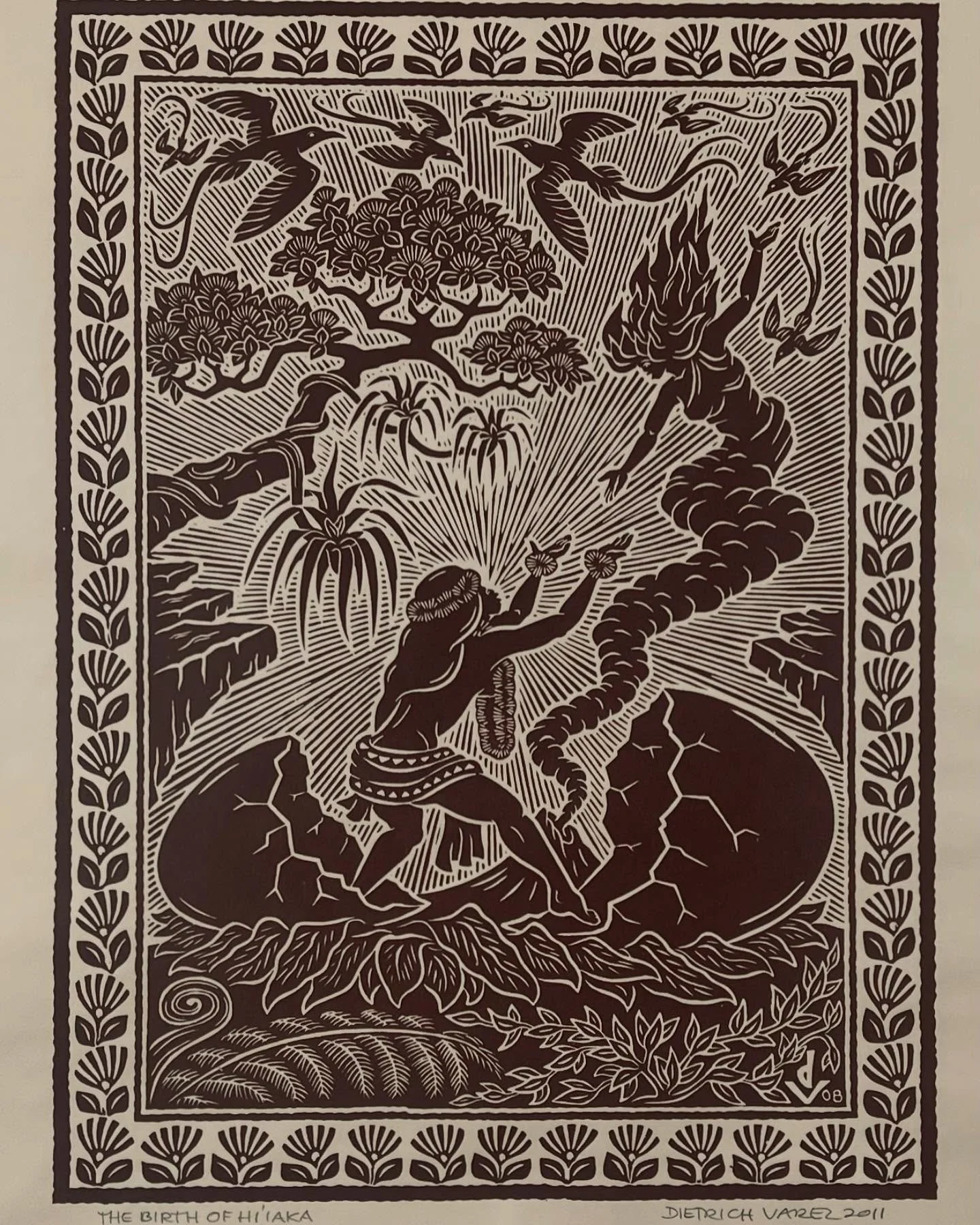 &lsquo;The Birth of Hi&rsquo;iaka&rsquo;
Dietrich Varez (1939-2018)
Hawaii
Woodblock print
18&rdquo;w x 24&rdquo;h
Ed Varney collection

Ed bought a couple of Dietrich&rsquo;s prints on a trip to Hawaii. Later they corresponded and Ed sent Dietrich s