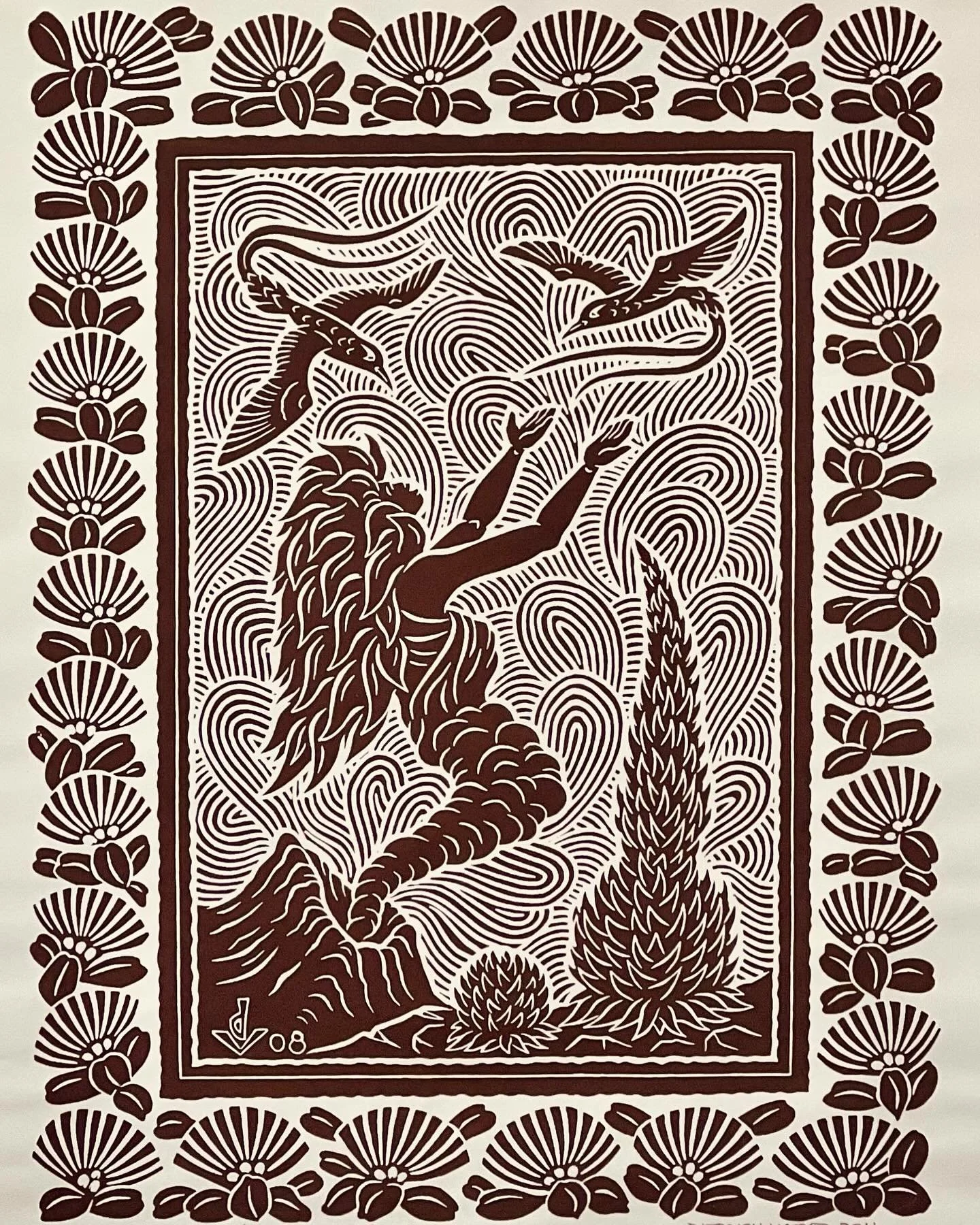 &lsquo;Pele With Kia&rsquo;s and Silversword&rsquo;
Dietrich Varez (1939-2018)
Hawaii
2008/2011
18&rdquo;w x 24&rdquo;h
Woodblock print

Dietrich Varez traced the adventures and passions of a cast of mythical characters in legend, and  faithfully dep