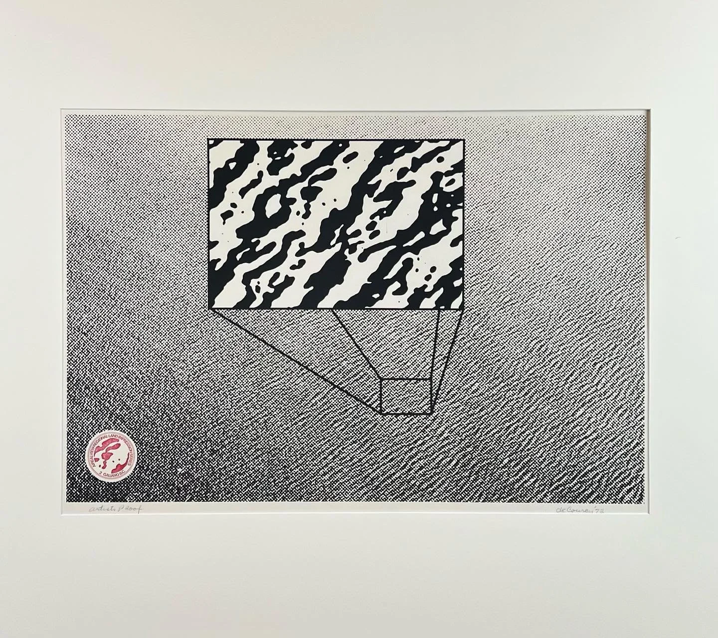 2 Galiano BC, Aireal View Regional Land Impression Series
Michael de Courcy
1972
Screenprint, Printers Proof
28&rdquo; x 18&rdquo;
Ed Varney collection

Ed always says he has enough of Michael&rsquo;s stuff to have a whole &lsquo;Michael de Courcy Sh