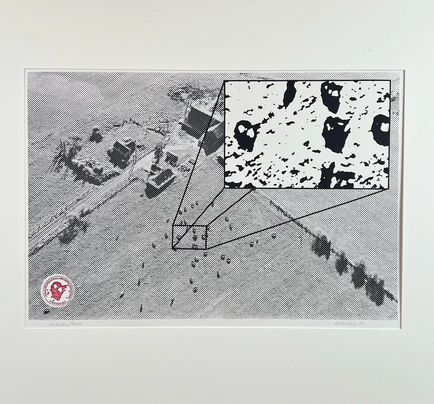 3 Matsqui BC, Aireal View Regional Land Series
Michael de Courcy
1972
Screenprint, 24&rdquo; x 18&rdquo;
Ed Varney collection 

Ed is tickled by this particular print (in the series of 10) because the enlarged image, in the box, shows cows. &lsquo;Se