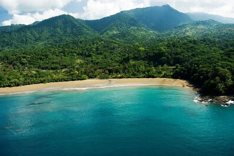 A tropical beach with a sandy shoreline, clear blue water, lush green forest, and mountainous terrain in the background.