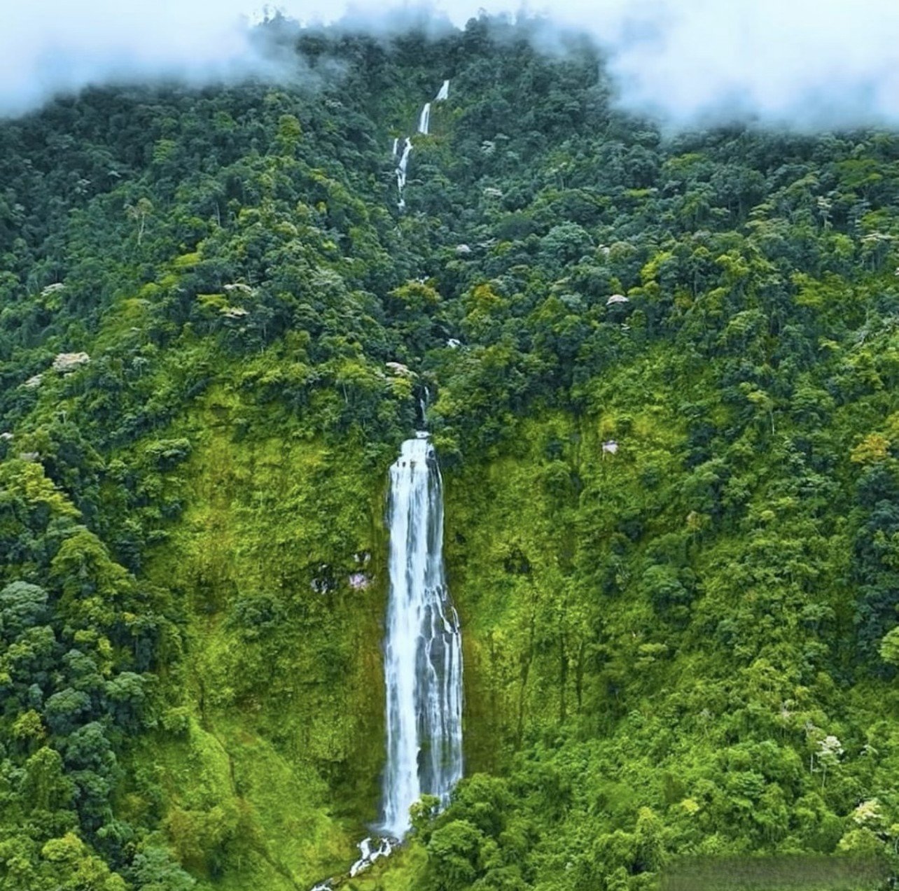 Tall waterfall cascading down a lush, green mountainside surrounded by dense forest, with mist and clouds at the top of the mountain.