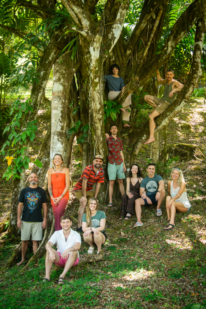A group of eleven friends in casual summer clothing posing around a large tree in a lush forest.