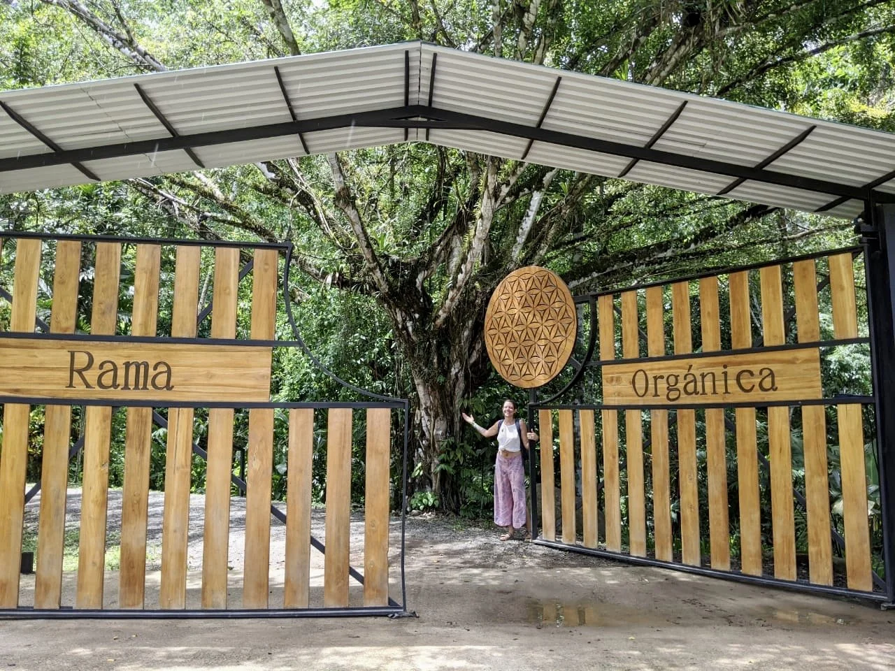Wooden gates with the words "Rama" and "Orgânica" written on them, open to a lush green forest with a large tree in the background, and a person standing between the gates.