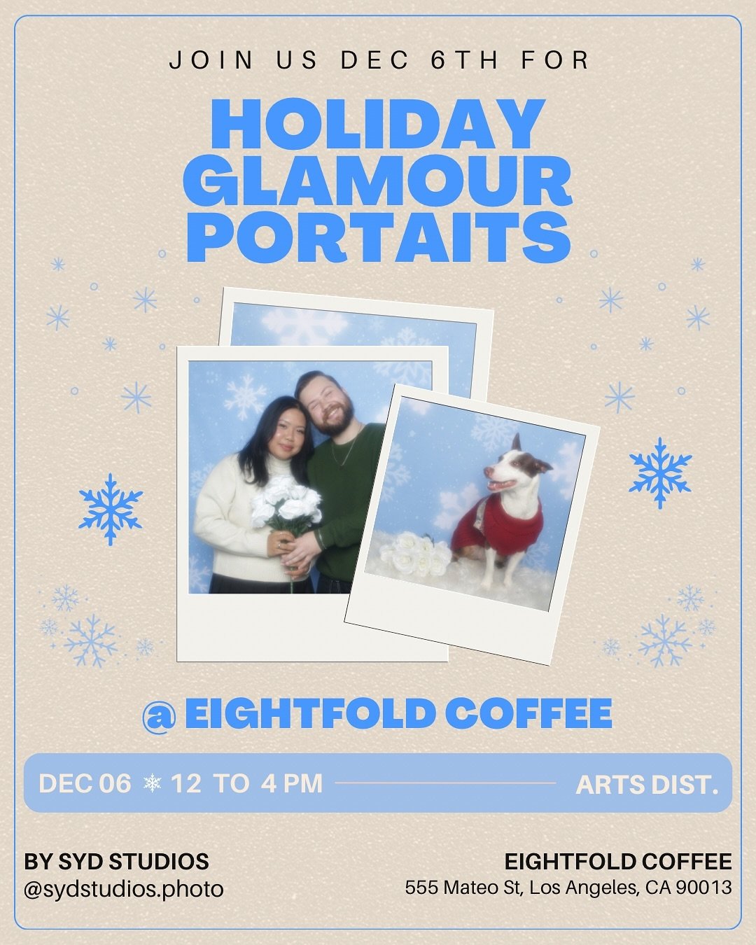 New Pop-Up Announcement! I will be at @eightfoldcoffee taking snowflake holiday glamour photos! Dec 6 in Arts District / Dec 7 in Echo Park 🎄 happy holidays everyone!