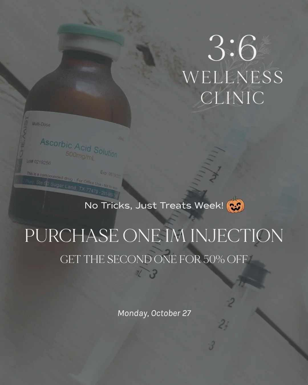 No Tricks, Just Treats Week is officially here at 3:6 Wellness Clinic! π
There’s still time to grab today’s special — only a couple hours left! π We’ve got plenty of sweet treats lined up all week long, so pick your favorit