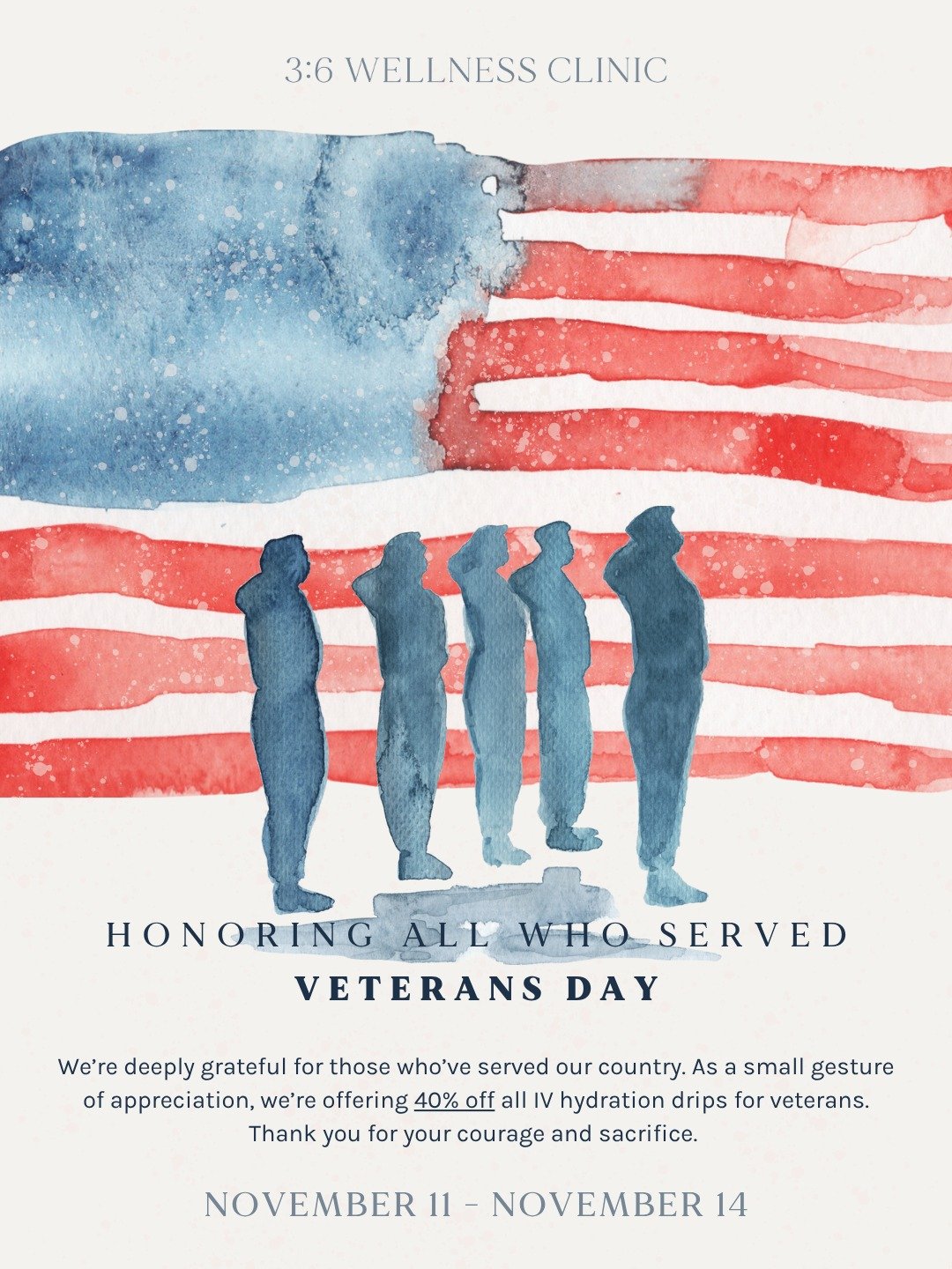 Happy Veterans Day! 🇺🇸 Thank you to all who have served and sacrificed for our freedom.

As a small gesture of our gratitude, we&rsquo;re offering 40% off all IV Hydration Drips for veterans this week, November 11 through Friday, November 14.

Plea