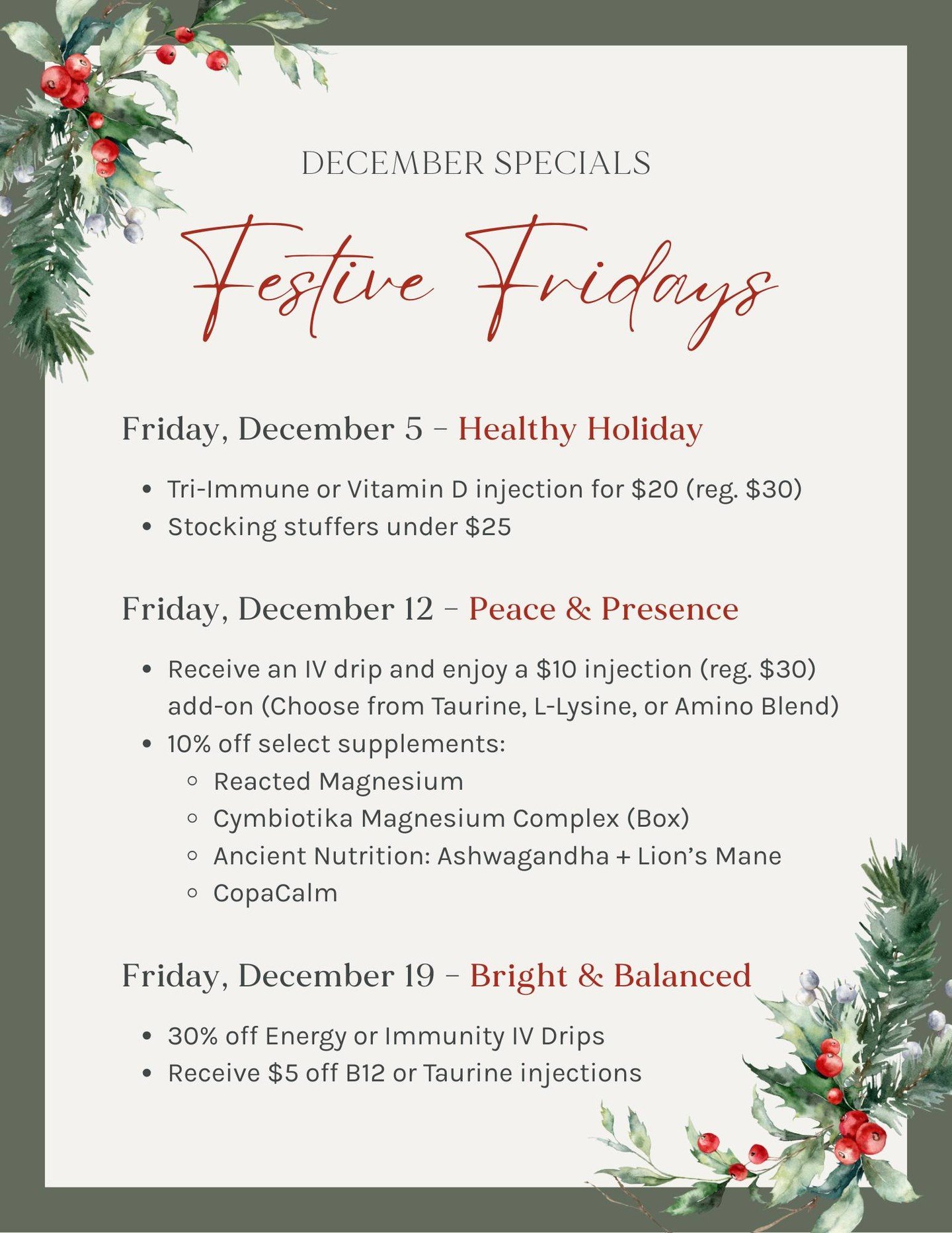 Every Friday in December, we&rsquo;re bringing you simple ways to boost your health, stay grounded, and feel your best through the holiday season.

From immune support and stocking stuffers&hellip; to IV drip perks, supplement savings, and energy-boo