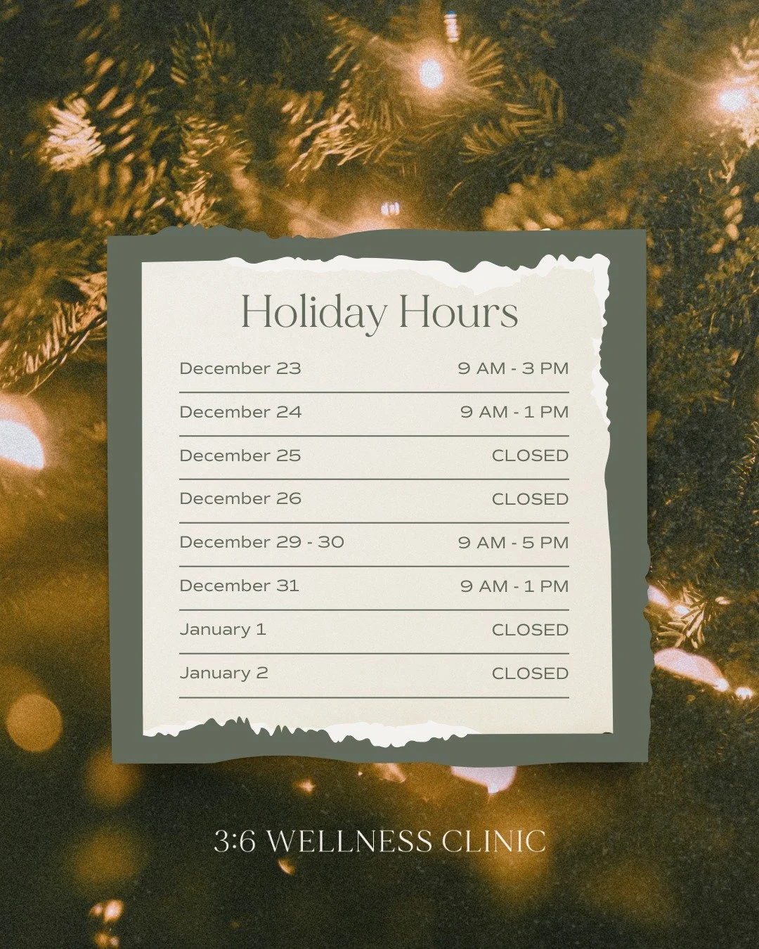 Please note our holiday hours for the week of Christmas and the week of New Year&rsquo;s. ✨🎄 

If you need to schedule an appointment, please call us at 979-793-3344 or book online here:
https://36wellnessclinic.janeapp.com/

We have limited availab