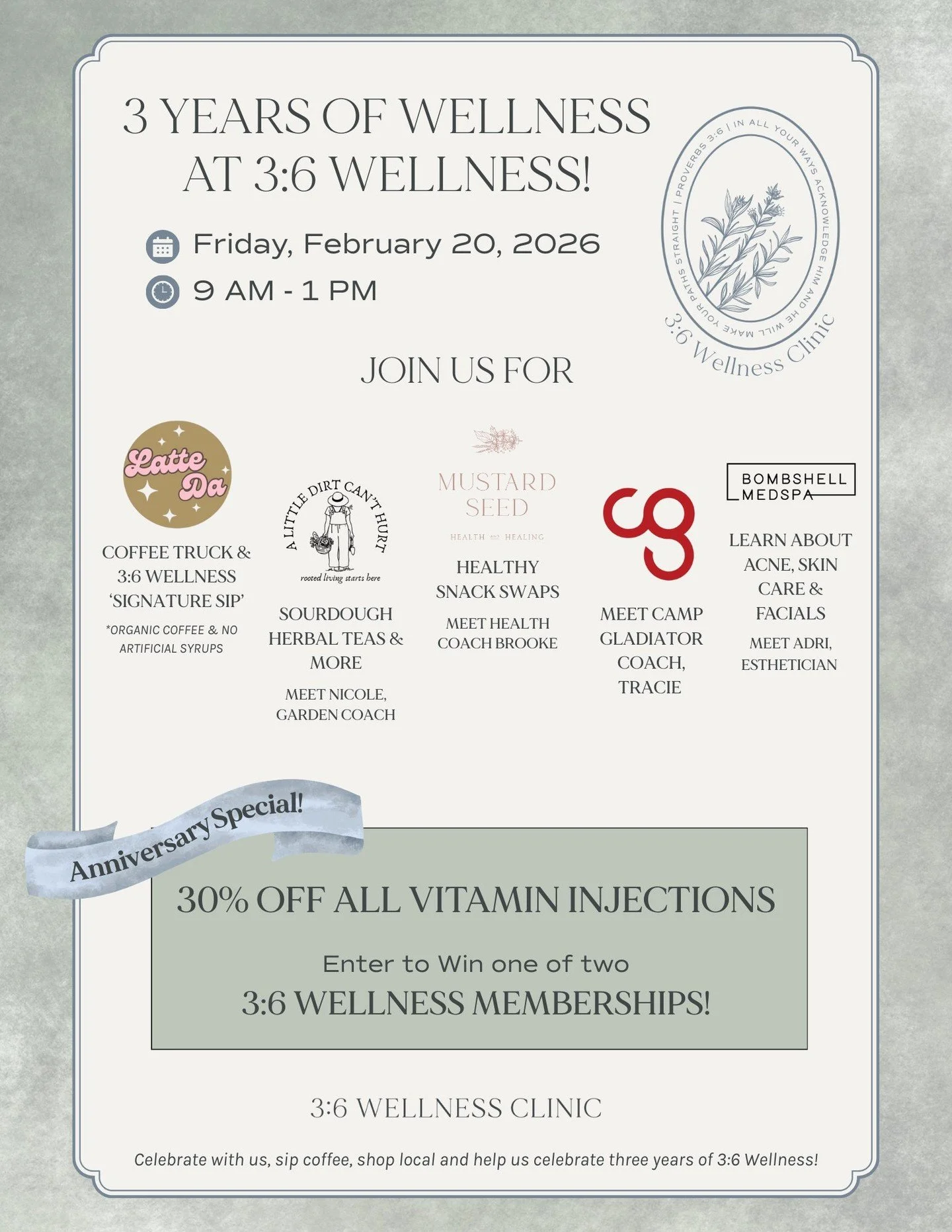 Don&rsquo;t forget &mdash; next week we&rsquo;ll be celebrating three years of health and wellness at 3:6 Wellness! 🌿

We&rsquo;re so grateful for this community and can&rsquo;t wait to see you. Be sure to stop by, connect with the incredible local 