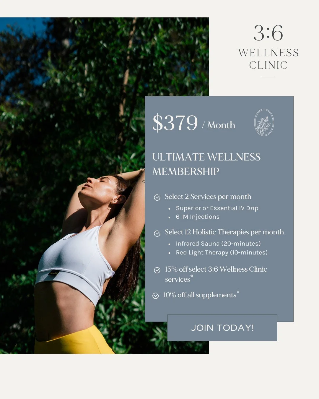 The small things you do monthly shape the way you feel daily. 🌿

At 3:6 Wellness, we believe caring for your body is a reflection of caring for your soul. Our Wellness Memberships, IV Hydration memberships, and injection packages make it simple to c