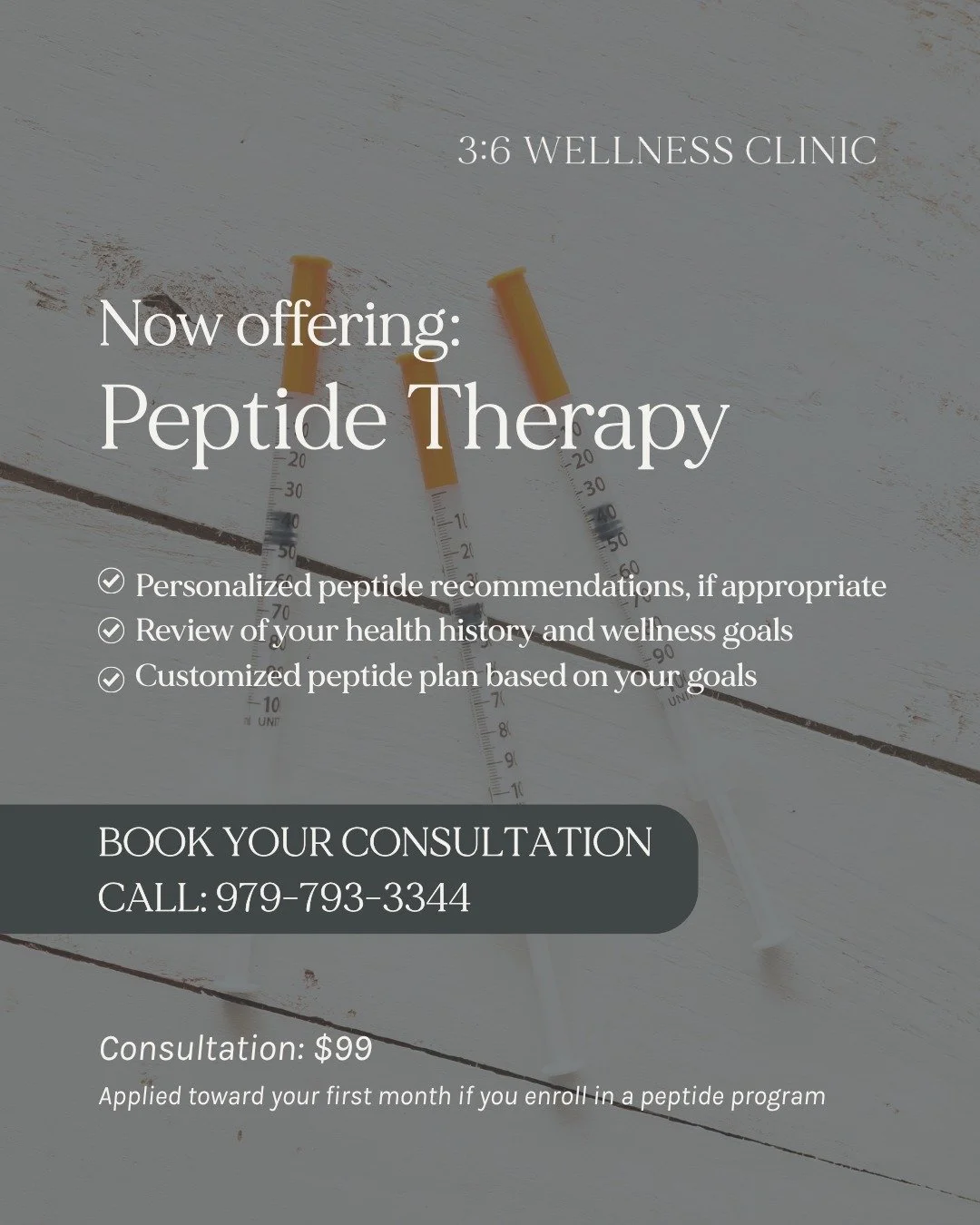 Peptide Therapy is now available at 3:6 Wellness! 💉

Interested in learning if peptide therapy may help support your health goals? Schedule a peptide therapy consultation with our team to discuss your health history, concerns, and wellness goals.

P