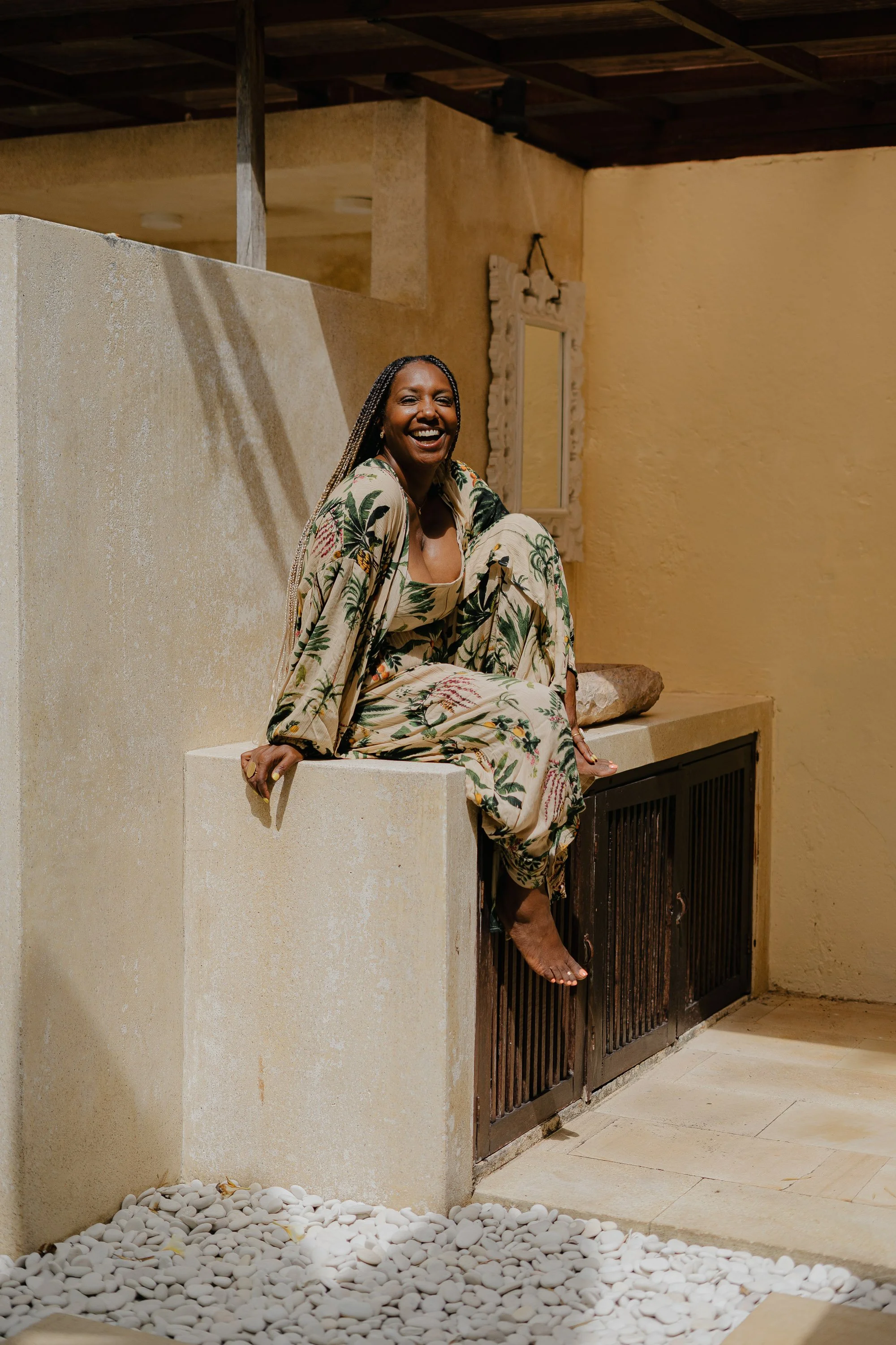 JAMILA CRAWFORD PÉCOU relaxing in a stunning Balinese villa during the rē Summer Solstice luxury international retreat...an immersive travel experience by EARTHCANDY ARTS.