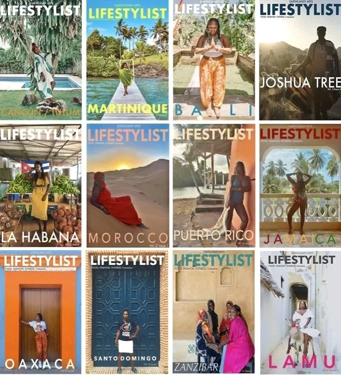 LIFESTYLIST digital magazine collage featuring Jamila Crawford Pécou of EARTHCANDY ARTS in global destinations, highlighting travel, culture and lifestyle.