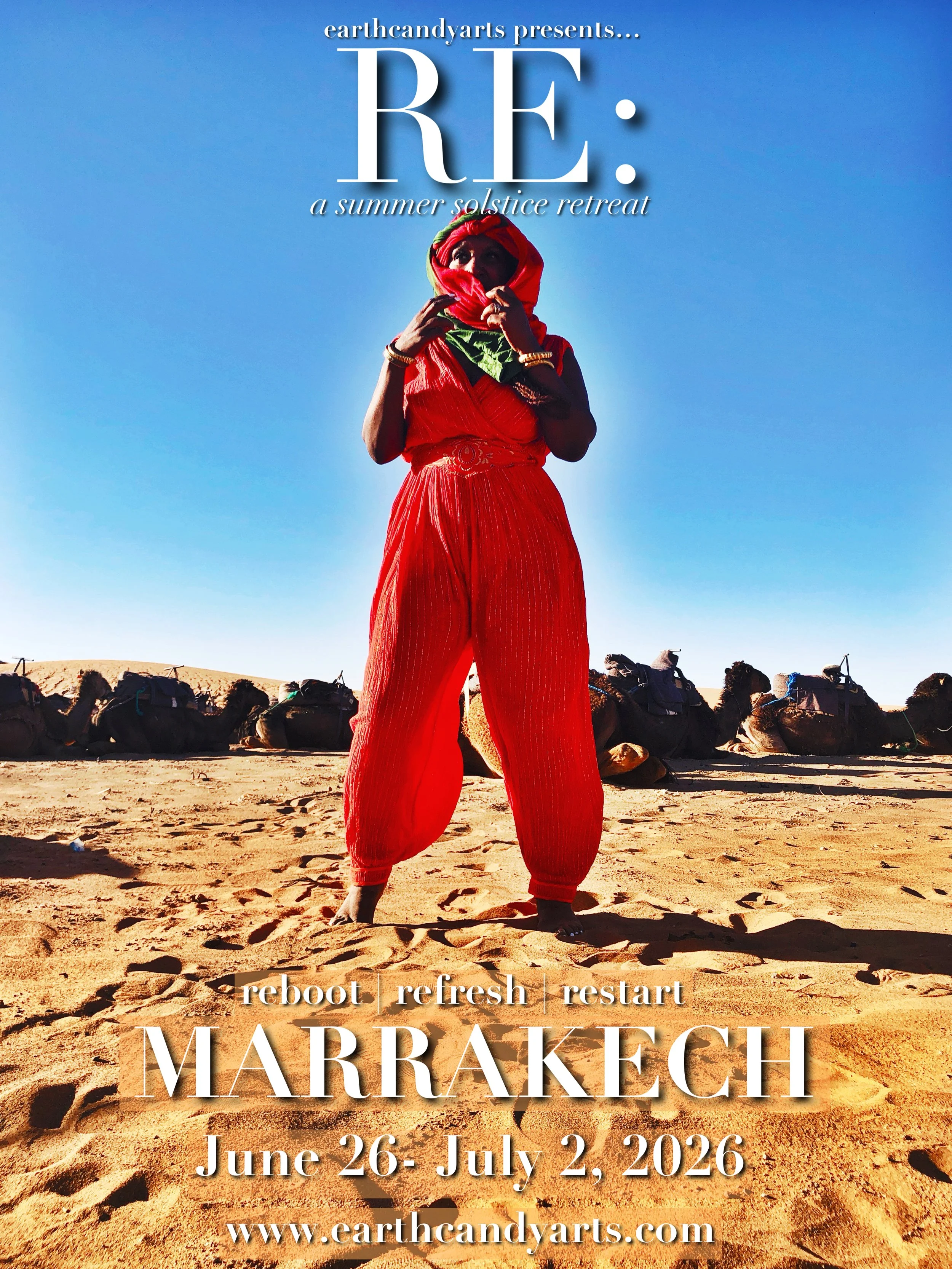 JAMILA CRAWFORD PÉCOU exploring the golden dunes of the Sahara Desert /Marrakech, Morocco during the rē Summer Solstice luxury travel retreat- June 26-July 2, 2026