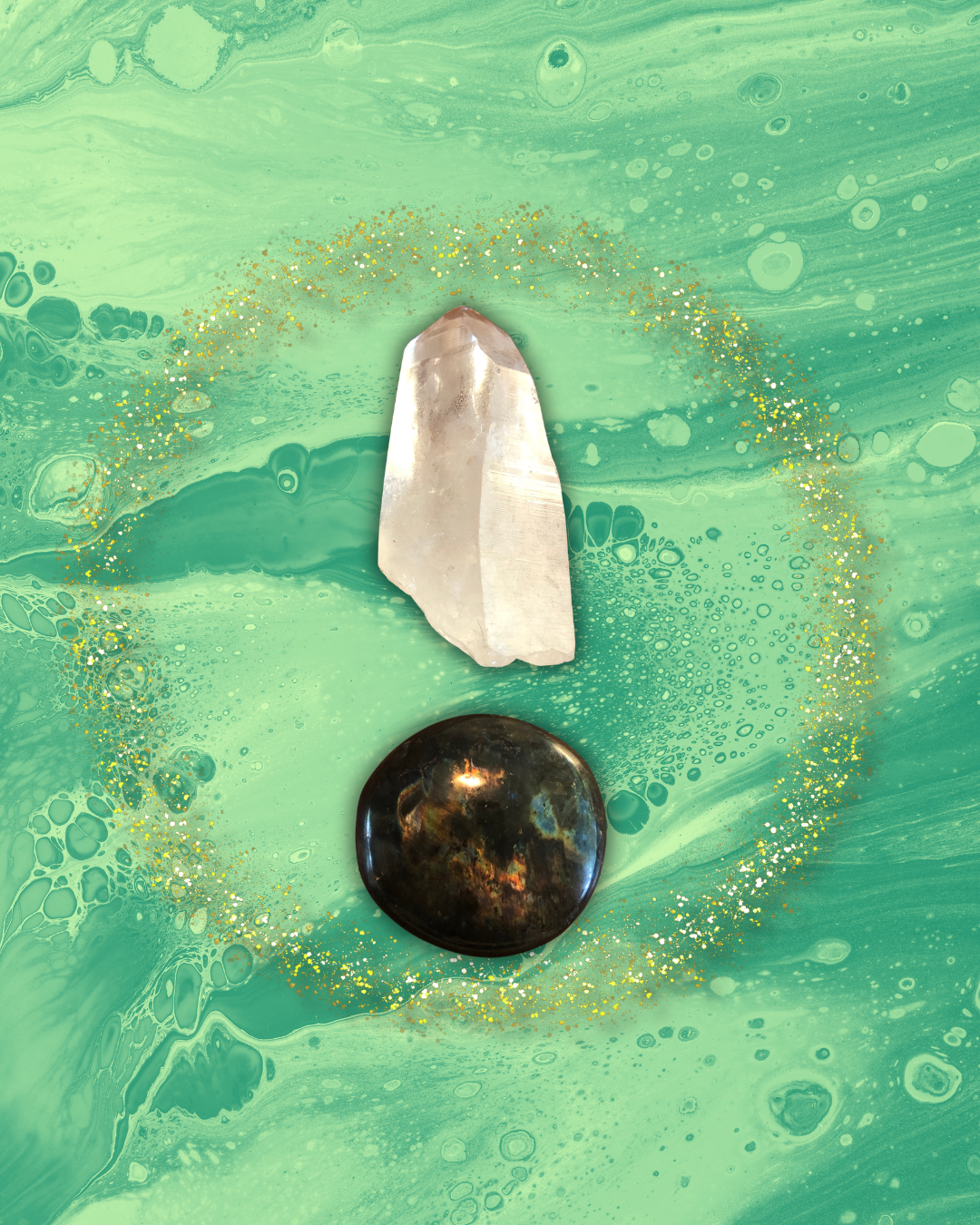 Quantum Energy Healing for Abundance Audio, green backdrop, gold sprakle sphere, clear quarzt crystal, labradorite crystal, distance energy healing, distance reiki, remote healing