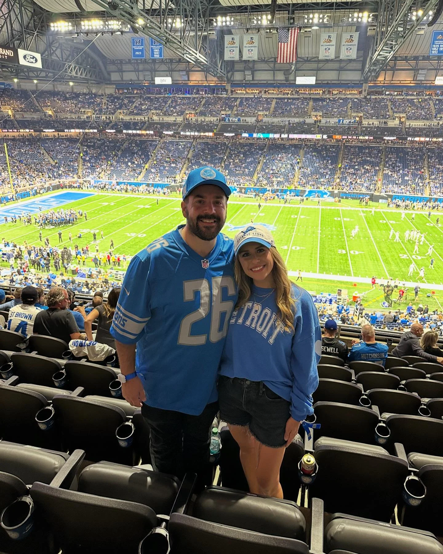 Lucky number 7 celebrating at the Lions game! Happy anniversary to us babe!! 🦁 🏈 💍 💙💕 Let&rsquo;s Go Lions!! 

Thank you God for all the blessings and guidance🙏🏻🫶🏻

Shirt @kilohandco