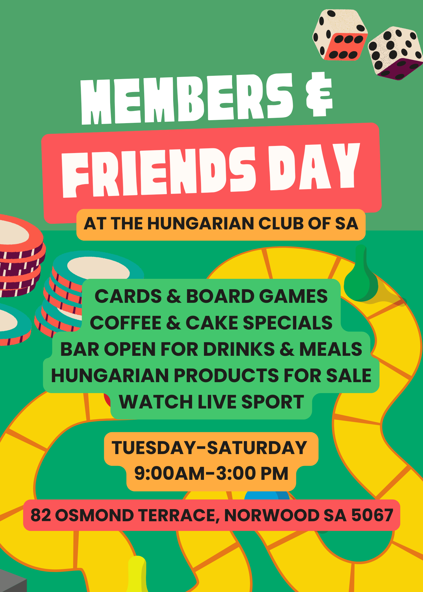 Members & Friends Day flyer — Hungarian Club of SA, Tuesday to Saturday 9am to 3pm, 82 Osmond Terrace Norwood