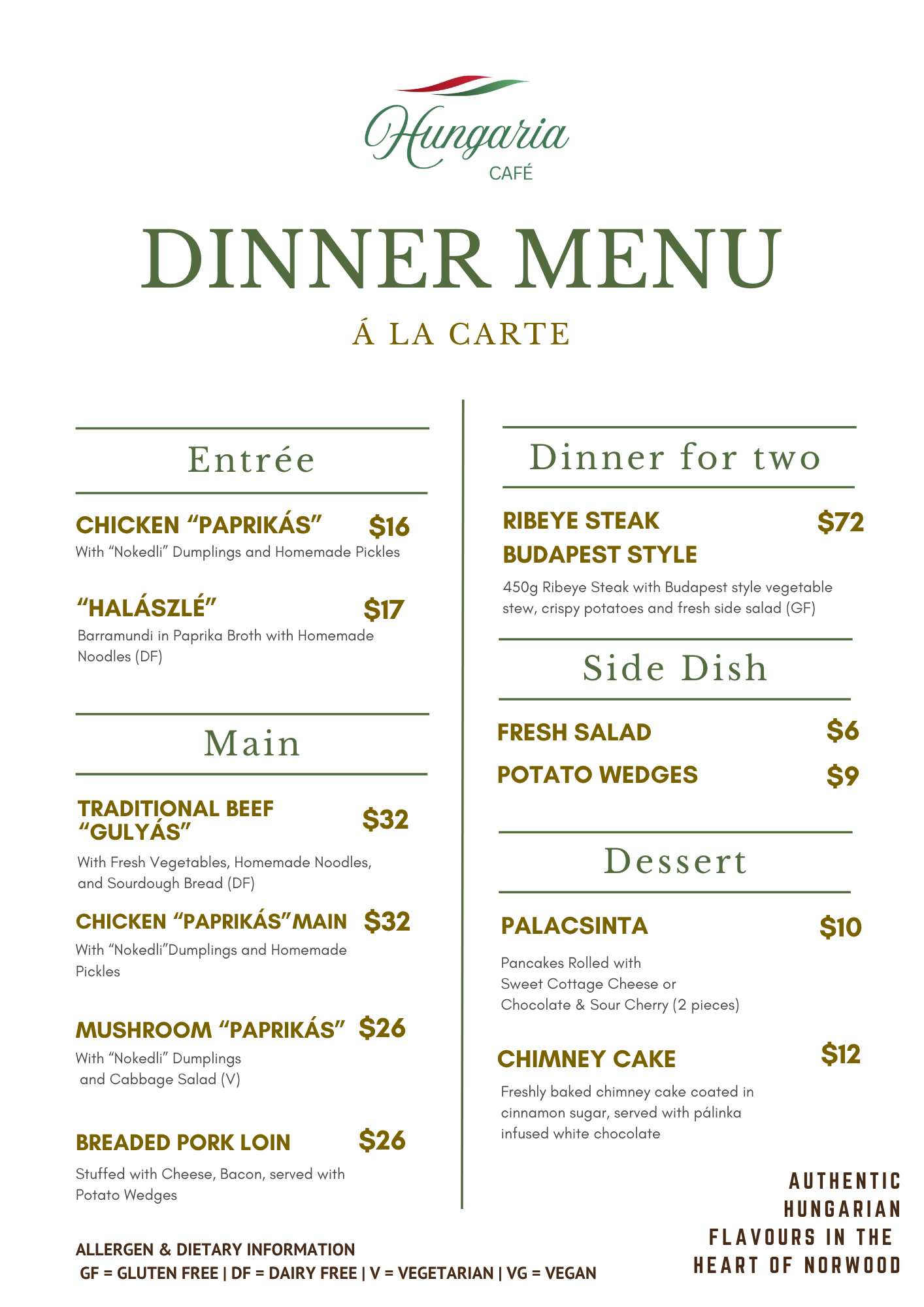 Hungaria Café Dinner menu — Hungarian food Norwood Adelaide
