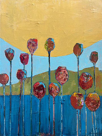 Original abstract floral painting with tall red blooms on elongated stems against a golden yellow sky and deep blue landscape by Los Angeles artist Paula Langstein