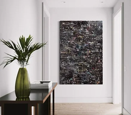 Illuminated Within large abstract painting by Paula Langstein shown in home interior Southern California