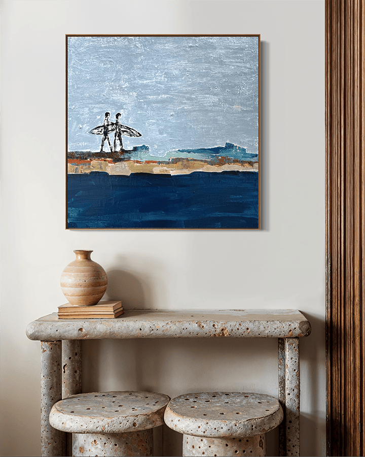 Surfers Along the Coast abstract painting by Paula Langstein shown in home interior Southern California