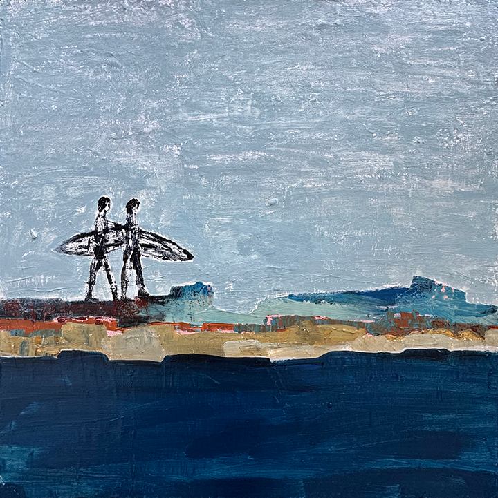 Surfers Along the Coast original abstract figurative surf painting 25x25 inches acrylic on canvas by Paula Langstein Manhattan Beach