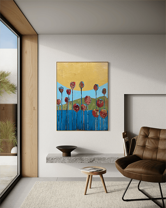 Large original abstract painting Flowers by Paula Langstein displayed in a modern living room with warm neutral tones and natural light