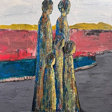 Original abstract painting by Manhattan Beach artist Paula Langstein depicting a family group standing together within layered color fields and expressive texture
