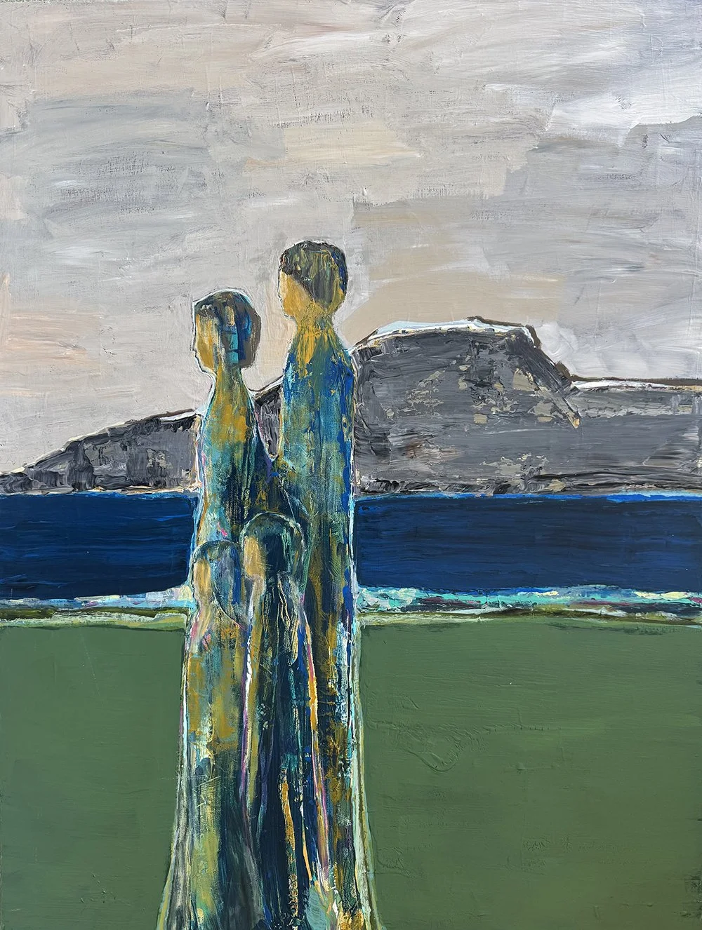 Original abstract painting by Manhattan Beach artist Paula Langstein depicting two figures standing together along a coastal landscape with layered greens and blues