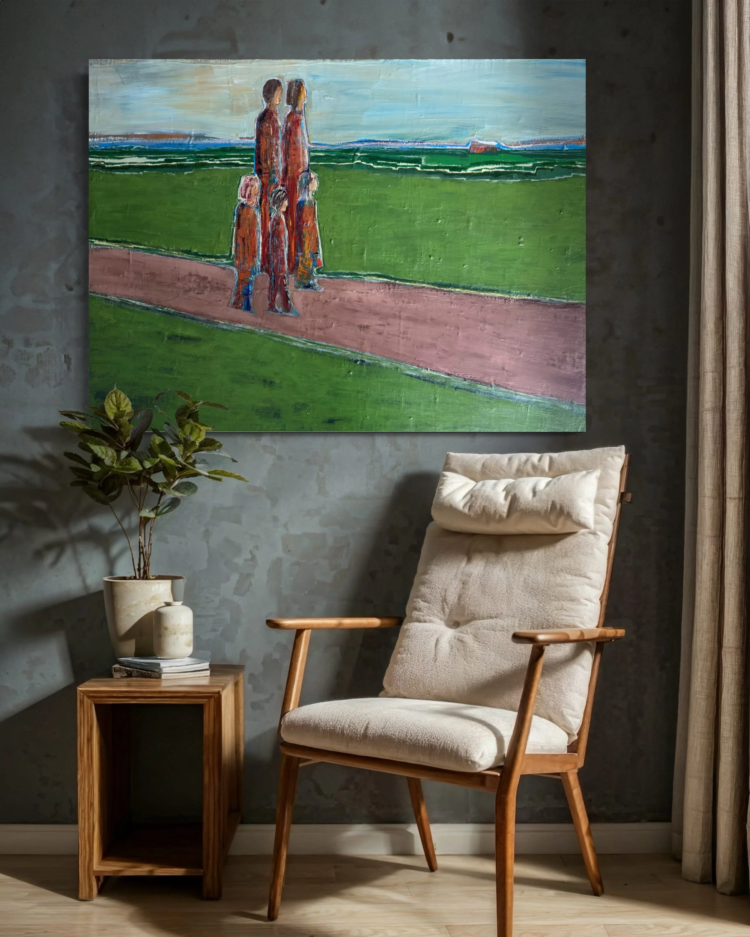 A modern interior with a beige upholstered armchair, a wooden side table with a potted plant and a book, a large colorful painting of four people walking on a path outdoors, and beige curtains on the right side.