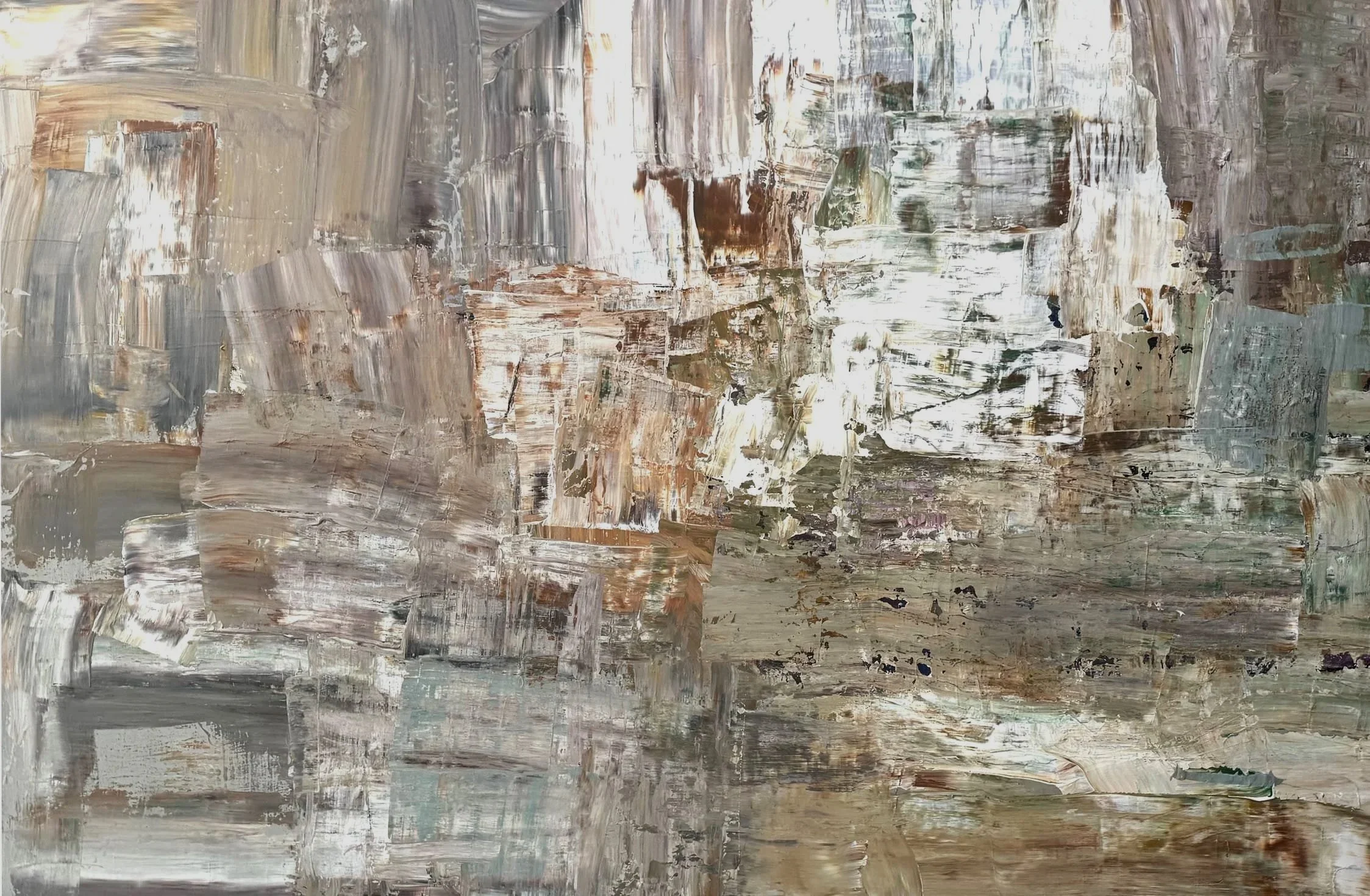 Original abstract painting by Paula Langstein showing expressive brushstrokes, deep texture, and warm coastal palette from Manhattan Beach artist studio