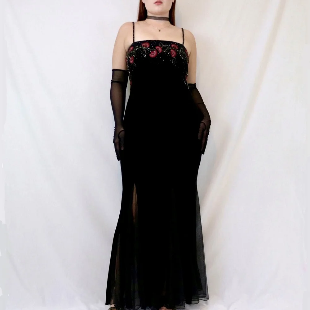 Vintage 90's Black Velvet Mesh Floral Beaded Dress  Meri Vintage