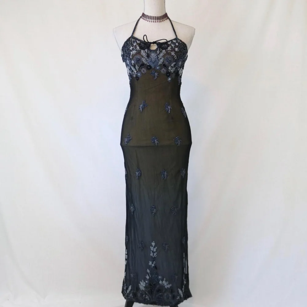Meri Vintage Y2K Blue Tan Ombre Beaded Dress  Meri Vintage