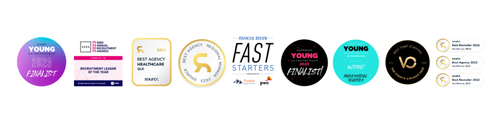 Awards and recognition for The Recruitment Org including Sourcr recruitment awards, Young Entrepreneur finalist badges, and recruiter leadership finalist recognition.